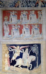 Ophængning af åbenbaring (1373-1383), n. 28: Sankt Johannes a Patmos og de syv kirker i Asien og derunder. Første segl: Vinderen med den hvide hest. Tapestry af Nicolas Bataille (1330-1405)