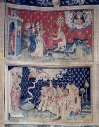 Ophængning af åbenbaring (1373-1383), n. 42: Tilbedelse af Beten (?). N. 49: Babylons fald. Tapestry af Nicolas Bataille (1330-1405)