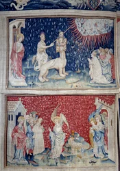 Ophængning af åbenbaring (1373-1383), n. 44: Jordens Bete får ild til at falde ned fra himlen. Nedenfor, n. 51, den tredje engel og lammet. Tapestry af Nicolas Bataille (1330-1405)