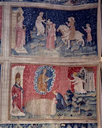 Ophængning af åbenbaring (1373-1383), n. 46: Beten bringer sit nummer til alle: 666. Nedenfor, n. 53, de valgtes høst. Tapestry af Nicolas Bataille (1330-1405)