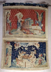 Ophængning af åbenbaring (1373-1383), n. 59: den anden og tredje flaske vælter ud over havet og vandet. Nedenunder, n. 66, Babylon er invaderet af dæmoner. Tapestry af Nicolas Bataille (1330-1405)