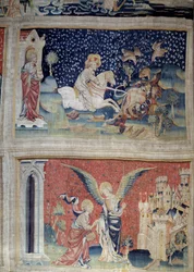 Ophængning af åbenbaring (1373-1383), n. 70: Guds Ord læsser Roerne. N. 74: Sankt Johannes før englen og Jerusalem Ny. Tapestry af Nicolas Bataille (1330-1405)