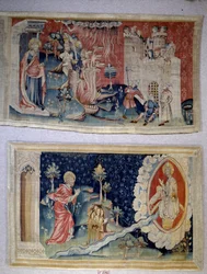 Ophængning af åbenbaring (1373-1383), n. 72: Satan belejrer byen. N. 74: Sankt Johannes før Kristus. Tapestry af Nicolas Bataille (1330-1405)