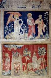 Hanging of Revelation (1373 -1383), nr. 6 og nr. 10: nr. 6 høj: Johannes græder over ikke at kunne åbne bogen, en gammel mand konsollen; Nr. 10 lav: Døden efterlader et lidelsessted bag sig). Tapestry af Nicolas Bataille (1330-1405)
