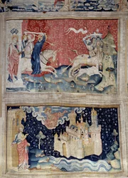 Ophængning af åbenbaringen (1373-1383), n. 69: Guds verbum indlæser Betes. N. 73: den hellige by eller det nye Jerusalem. Tapestry af Nicolas Bataille (1330-1405)