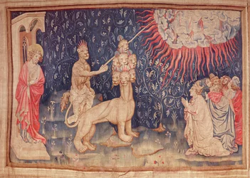 The Beast of the Earth får ild til at falde fra himlen, fra Apocalypse Tapestry of Angers, 1373-87 (tapet)