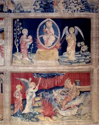 Åbenbaringens gardin (1373 -1383), nr. 15 og 18: Gud og Johannes græder, når de ser katastrofen. Tapestry af Nicolas Bataille (1330-1405)