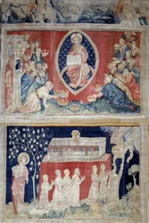 Åbenbaringens gardin (1373-1383), n. 5: de ældre lægger sig ned for Kristus i majestæt (Jesus Kristus i herlighed er repræsenteret inde i en mandorla). N. 11: martyrernes sjæle. Tapestry af Nicolas Bataille (1330-1405)