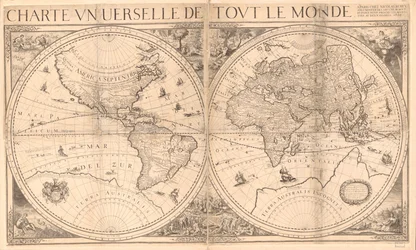 Relief vist billedmæssigt. Indeholder noter. Illustrationerne inkluderer billeder af Edens have og den sidste dom og fire allegoriske figurer i arkets hjørner. Samlet af 4 ark. LC kopi i to ark, monteret sammen på stof. Fold lin