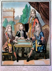 Ludvig 14.s (1638-1715) børnebørn, Ludvig, hertug af Bourgogne (d. 1712), Philippe, hertug af Anjou (1683-1746), og Charles, hertug af Berry, med deres far, Ludvig (d. 1711), Frankrigs dauphin, der spiller trictrac (Trictrac eller Trictrac: forløber for
