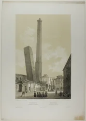 Bologna: Asinelli- og Garisenda-tårnene, planche 40 fra Italie Monumentale et Pittoresque