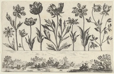Vandret panel med en række blomster over en frise med figurer i et landskab, fra Li..., 1645.