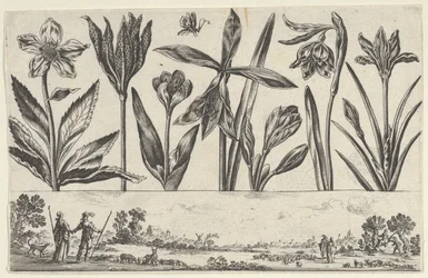 Vandret panel med en række blomster over en frise med figurer i et landskab, fra Li..., 1645.