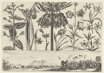 Vandret panel med en række blomster over en frise med en kampscene i et landskab, ..., 1645.