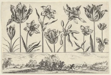 Vandret panel med en række blomster over en frise med en kampscene i et landskab, ..., 1645.