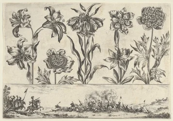 Vandret panel med en række blomster over en frise med en kampscene i et landskab, ..., 1645.