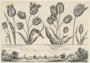 Vandret panel med en række blomster over en frise med en jagtscene i et landskab,..., 1645.
