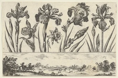Vandret panel med en række blomster over en frise med en jagtscene i et landskab,..., 1645.