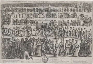 Processionen af St. Genevieves kiste, med gejstlige og lægmænd, der marcherer i seks rækker..., 1652.