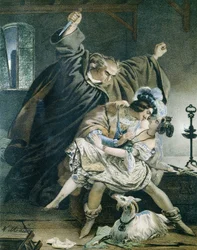 Esmeralda, Phoebus og claude Frollo (Notre Dame de Paris) af Victor Hugo.Illustration af Nicolas Eustache Maurin 1799-1850 Privat samling.