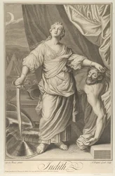 Judith står og kigger op, holder hovedet af Holofernes i venstre hånd og..., ca. 1718-61.
