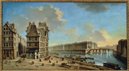 Ile Saint-Louis og Pont Rouge set fra Place de Greve, Paris (maleri på lærred)