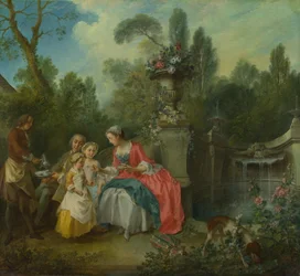 En dame i en have tager kaffe med nogle børn, ca 1742