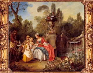 En kvinde i en have med kaffe med børn eller en kop chokolade Maleri af Nicolas Lancret (1690-1743)