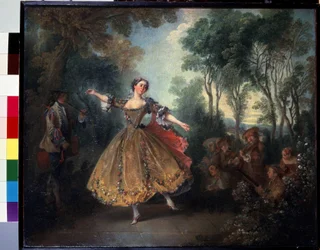 ""Den dansende camargo"" (Miss Camargo Dancing) Marie Anne de Cupis Camargo kaldte Camargo (1710-1770) for dans. Maleri af Nicolas Lancret (1690-1743) Begyndelsen af ​​det 18. århundrede Mål 45x55 cm Eremitagemuseet, Sankt Petersborg