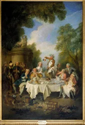 Skinkescenen frokost på en landbanket omkring en skinke i adelen. Maleri af Nicolas Lancret (1690-1743) 1735. Søn 1,8x1,2 m Chantilly, museum Conde