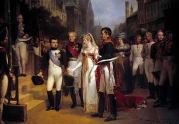 Kejser Napoleon Bonaparte (1769-1821) modtog dronning Louise af Preussen i Tilsit (Tilsitt) den 6/07/1807. På trappen venter diplomaten Talleyrand. Maleri af Nicolas Louis Gosse (1787-1878) 1837 søn. 3,51x4,92 m Versailles, musee du Chateau - The