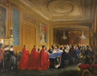Louis Philippe (1773-1850) modtog strømpebåndsordenen fra dronning Victorias hænder i 1844 - Louis-Philippe modtog strømpebåndsordenen fra hænderne på en ung dronning Victoria par Nicolas Louis Francois (Nicolas-Louis-Francois) barn (1787-
