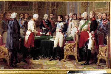 Interviewet af Erfurt, 27. september - 14. oktober 1808: Napoleon I modtager Baron Vincent, en østrigsk diplomat og sendt fra kejseren af Østrig. I midten mellem de to karakterer ser vi Charles Maurice fra Talleyrand Perigord (1754-1838). Smerte