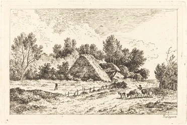 Et lavt sommerhus med en hyrde, der leder sin flok