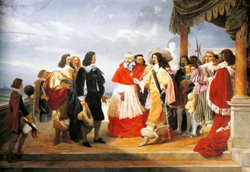 Kardinal Richelieu præsenterer Poussin for Louis XIII i 1640, detaljer fra maleri af 1832 af Jean Alaux (1786-1864), Frankrig