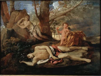 Ekko og Narcissus, illustration til legenden, der inspirerede Ovid i «Forvandlingerne». Maleri af Nicolas Poussin
