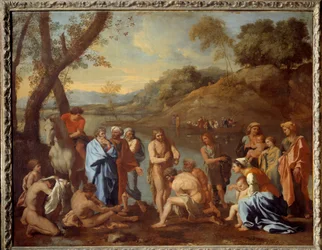 Sankt Johannes døber folket. Johannes Døberen velsignede mænd ved en flod. Maleri af Nicolas Poussin
