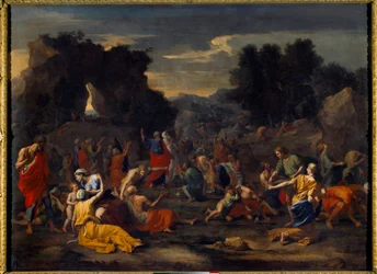 Israelitterne samler manna (manna) i ørkenen. Maleri af Nicolas Poussin (1594-1665)