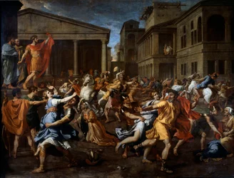 Romernes fjernelse af sabinerne. Romulus til venstre observerer scenen. Maleri af Nicolas Poussin