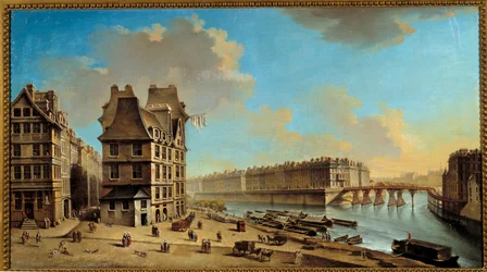 Quai de la Greve, Île Saint Louis og Pont Rouge set fra Place de Greve-maleriet af Nicolas Raguenet (1715-1793) 1700-tallets søn. 0,46x0,84 m Paris, Musee Carnavalet - Quai de la Greve, Ile Saint-Louis og Pont Rouge set fra