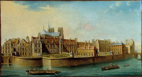 Udsigt over Ile de la Cite med apsis af Cathedrale Notre Dame og Quai aux Fleurs fra Ile Saint Louis i Paris Maleri af Nicolas Raguenet (1715-1793) 1753 Søn. 0,46x0,84 m Paris, Musee Carnavalet - Udsigt over Ile de la Cite med aperne
