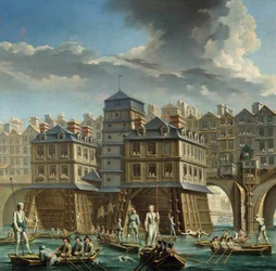 detalje af maleriet: Joute des mariniers mellem Pont Notre-Dame og Pont-au-Change” En nautisk dyst på Seinen i Paris. Maleri af Nicolas Jean Baptiste Raguenet (1715-1793) 1756 Paris, Musee Carnavalet