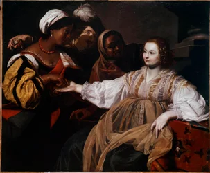Spåkonen En kvinde kom for at konsultere en palmisist. Maleri af Nicolas Regnier (1591-1667) søn. 1,2x1,5 m