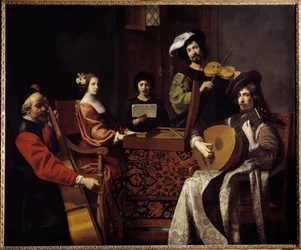 Barokmusik: «Koncerten». Musikere, der spiller på strengeinstrumenter. Maleri af Nicolas Tournier (1590-1657), 17. århundrede, Sun. 1,88 x 2,26 m
