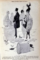Paris: affald samler sig på gaden foran elegant klædte mennesker. Illustration af den franske presse af H. Tournier