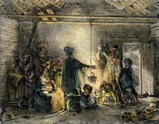 Interiør af en kulminearbejders hytte, indgraveret af Godefroy Engelmann (1788-1839) 1829