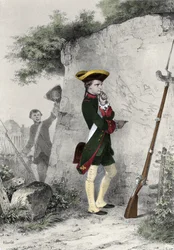 Napoleon I Bonaparte (1769 - 1821) på militærskolen i Brienne i 1783. Stik af Charlet fra det 19. århundrede.