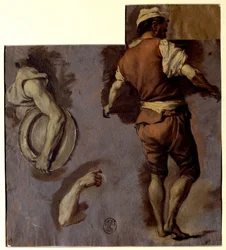 Studie af anatomi, armbevægelser og rygmand Olietegning af Nicolas Vleughels (1668-1737) Søn. 0,28x0,25 m