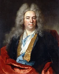 Portræt af Jacques Vincent Bassablons, rådgiver for kongen, halvlængde, iført en blå frakke med en guldbroderet vest og en rød vikle, 1718