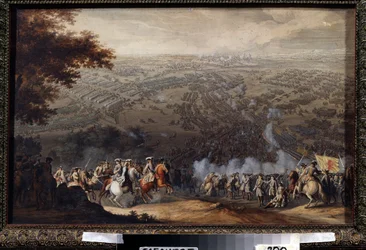 Slaget ved Poltava den 27. juni 1709. Slaget satte Carl XII af Sveriges svenske hær op mod den russiske tsar Peter den Stores hær under Den Store Nordiske Krig (1700 til 1721). Maleri af Nico